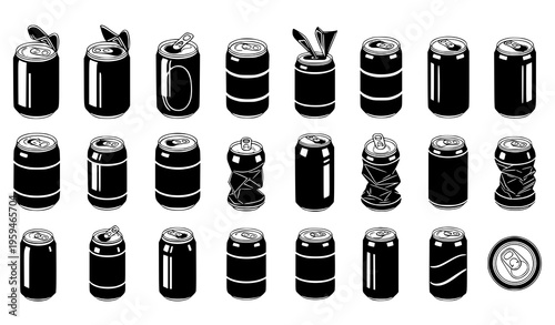 Black and white drink can mockup vector set with soda packaging variations and pull tab details isolated on white background