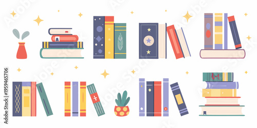 Colorful stacks of books and small plants in a whimsical illustration