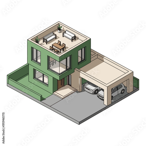 A modern two-story green house with a flat roof, featuring an outdoor patio with furniture and a two-car carport attached to the side.