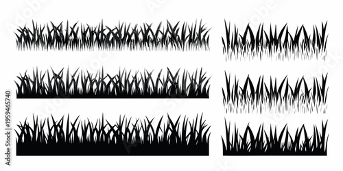 Black silhouettes of various grass patches and blades isolated on white