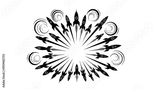 Dynamic rocket launch silhouette burst with smoke trail motion design space startup concept isolated on white background vector