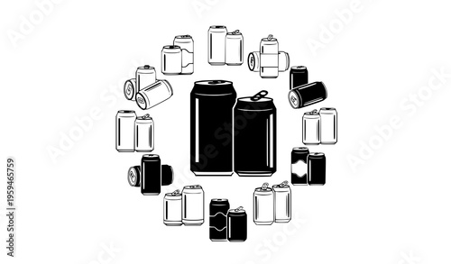 Beverage can mockup icon collection in circular layout with black and white soda packaging silhouettes isolated on white background vector