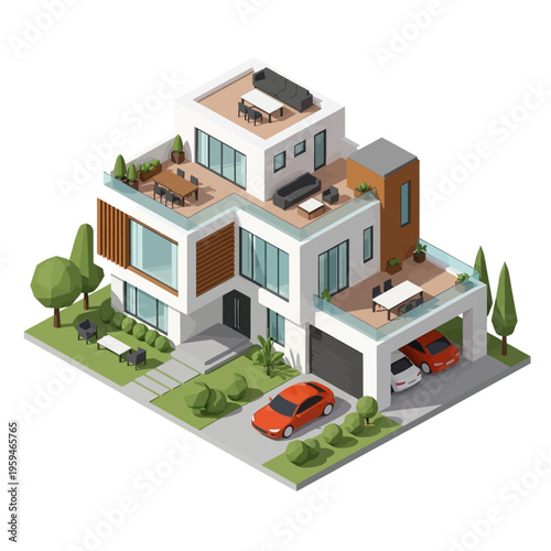 A modern, multi-story residential house with a garage, cars, outdoor seating, and landscaping, depicted in a clean isometric illustration style.