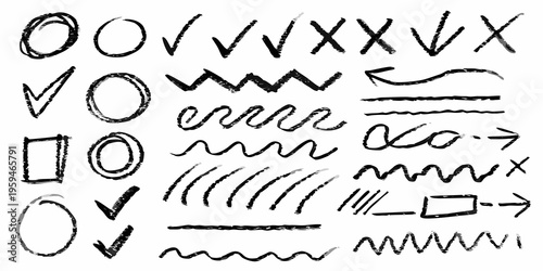 Collection of hand drawn scribbles shapes and abstract lines on white