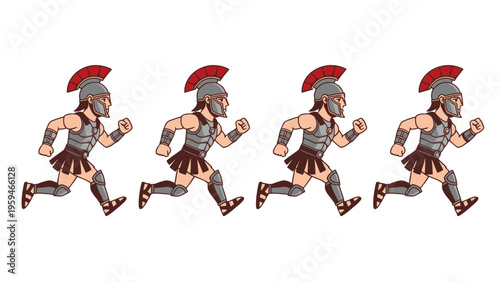 Four running Roman soldiers in armor and helmets.