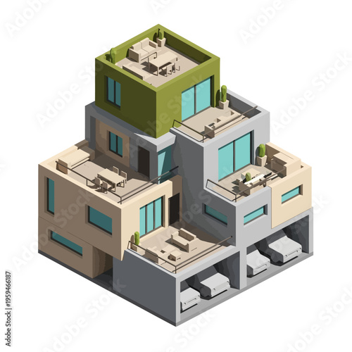 An isometric illustration of a modern, multi-level residential building with balconies, rooftop patios, and integrated garages.