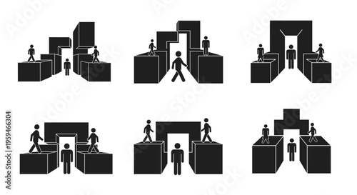 Set of six black and white stick figure illustrations depicting people navigating abstract architectural structures.