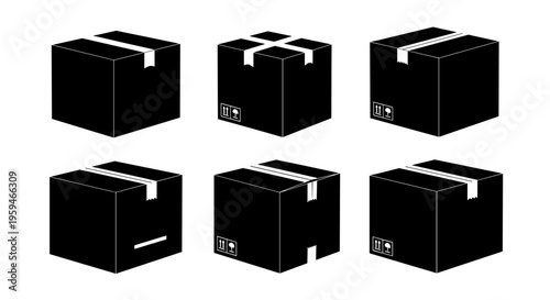 Set of Six Black Cardboard Boxes Isolated on White Background.
