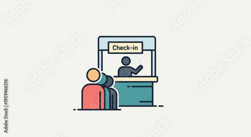 Two people standing at a hotel or airport check in counter with a sign