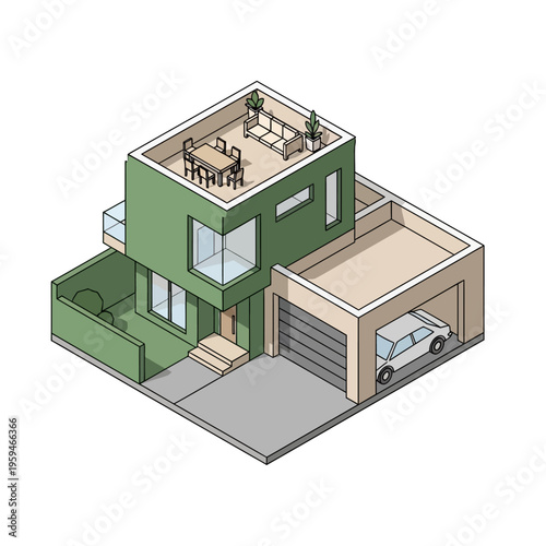 A modern green house with a garage, rooftop patio, and outdoor seating area, showcasing contemporary architectural design.