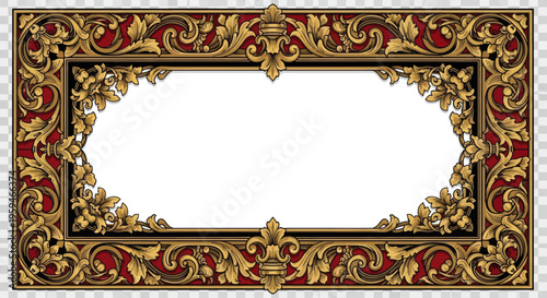 Ornate golden filigree frame with deep red background
