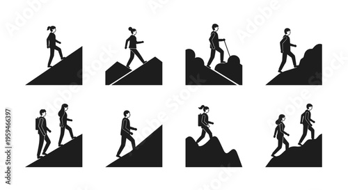 Silhouettes of people walking up and down hills, representing various journeys and challenges.