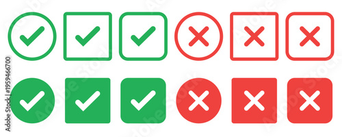 Green tick and red cross checkmarks. Right or wrong icons. Yes or no icons.