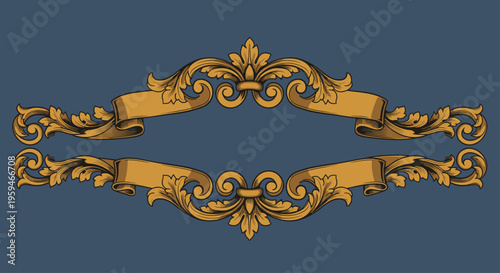 Ornate gold banners flank elaborate scrolling floral designs on a blue backdrop