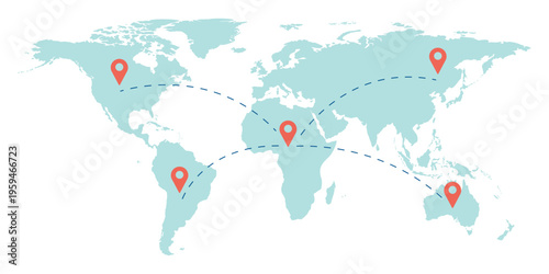 Fotografía Air plane flight route with red pin point and dash line trace