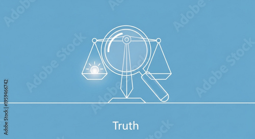 Line art illustration of magnifying glass on scales of justice with truth concept on blue background