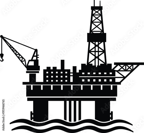 Flat vector illustration of offshore oil drilling platform, silhouette design, industrial infrastructure, ocean waves, derrick tower, crane, helipad structure