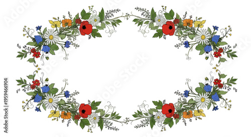 Elegant floral border with poppies, daisies, and wildflowers in pastel hues