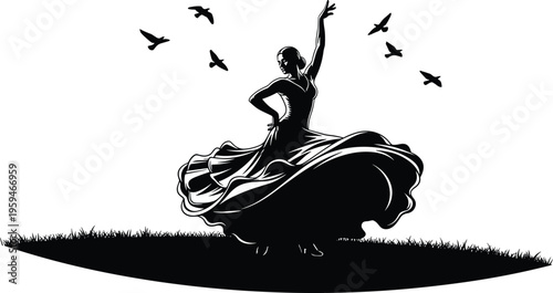 Flamenco dancer silhouette with flowing dress, Spanish dance illustration, elegant woman performance vector design