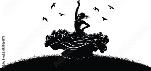 Flamenco dancer silhouette with birds, Spanish dance performance, elegant woman flowing dress vector illustration