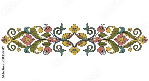 Symmetrical floral border with swirling vines and flowers
