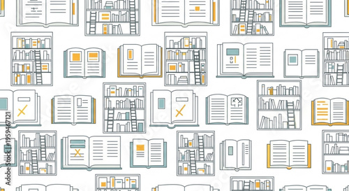 Collection of open and closed books with highlighted text and bookmarks on a white background representing learning and education