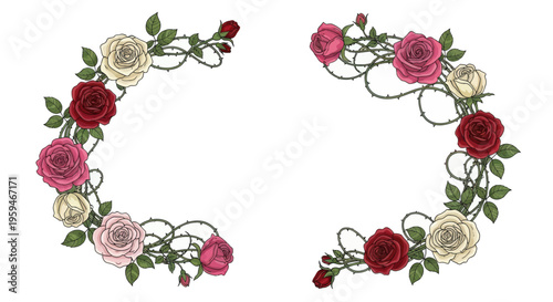 Two ornate thorny rose vine borders with red, pink, and cream roses