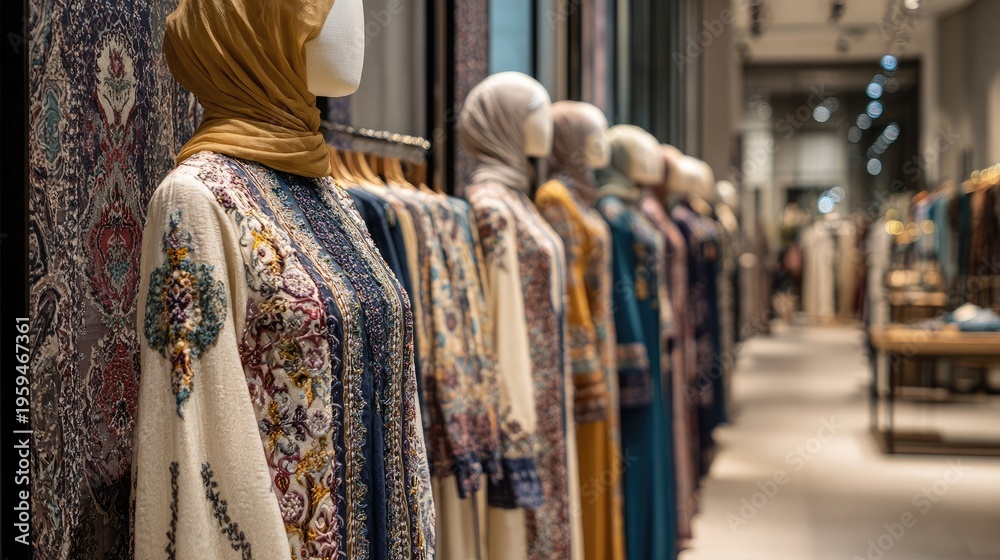 Fototapeta premium Exquisitely Embroidered Dresses on Mannequins in a Modern Retail Space