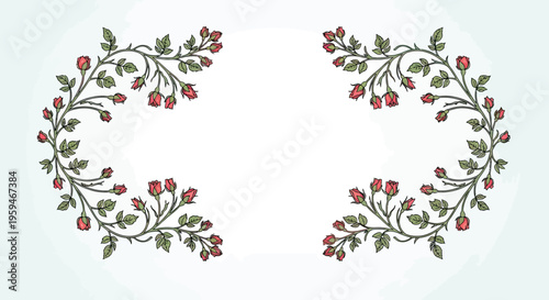 Delicate pink rose buds cascade from curved green vines in a symmetrical, corner placement