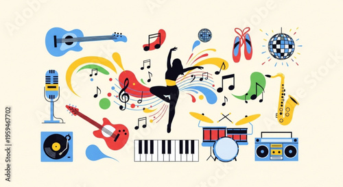 Vibrant music icons collection with dancing figure and instruments on cream background symbolizing joy and creativity in music and dance