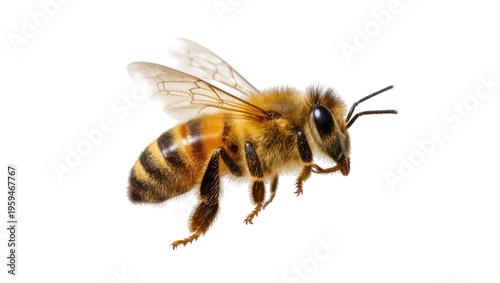 Fotografie Detailed macro shot of a honey bee in flight, showcasing its delicate wings and