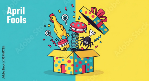 Colorful april fools illustration of a polka dot gift box with a chicken spider spring and wrapped present popping out on a blue and yellow background with confetti and festive