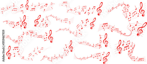 collection of  red colored sheet music illustrations - musical notes melody