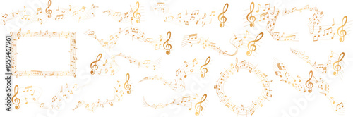 collection of  gold colored sheet music illustrations - musical notes melody