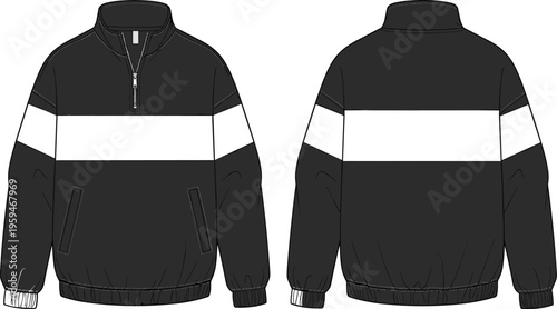 Black and white color block quarter zip pullover jacket vector illustration front and back view casual apparel mockup design