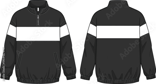 Black and white color block quarter zip pullover sweatshirt vector illustration front and back view casual apparel mockup design