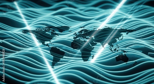 Cyan teal wave patterns, holographic layers, light streaks, world map silhouettes, cinematic contrast, professional investment visuals.