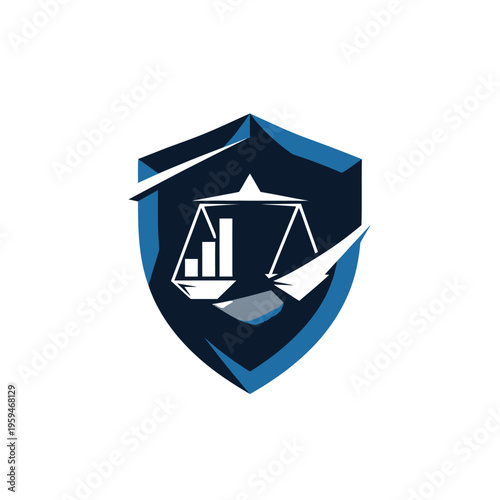 Dynamic Blue and Grey Shield Logo with Justice Scales and Gavel for Legal Services on Isolated White Background