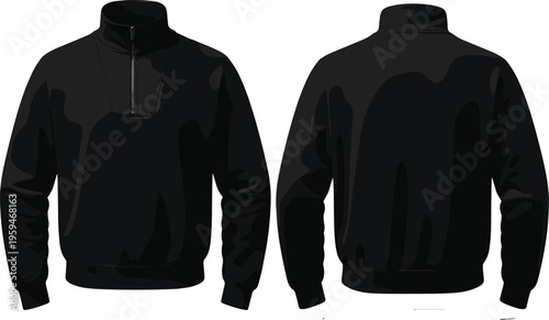 Black quarter zip pullover sweatshirt vector illustration front and back view ribbed cuffs elastic hem casual apparel fashion mockup