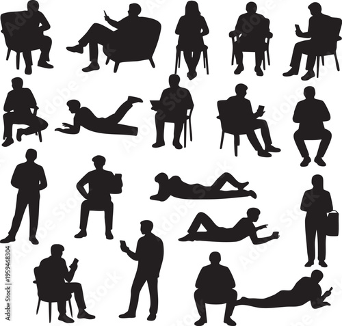 A set of black silhouettes depicting people in different positions, including sitting, lying down, and standing, showcasing various lifestyles and actions.
