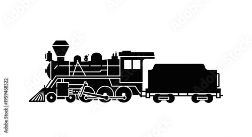 Silhouette of Vintage Steam Locomotive and Tender, Black and White