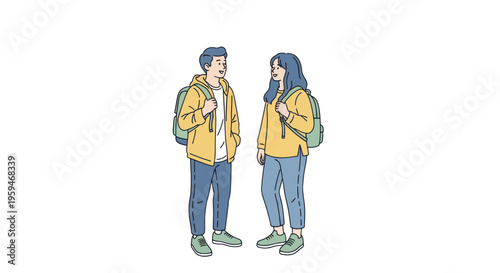 Two young people with backpacks talking, modern illustration style