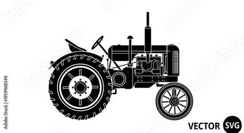 Vintage Tractor Silhouette, Retro Farm Vehicle Illustration, Black and White Vector