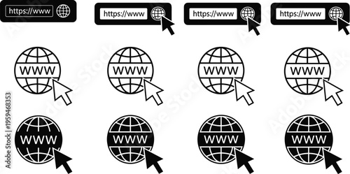 Website address bar icon set, www globe cursor symbols, internet navigation elements, browser search icons, web access vector illustration