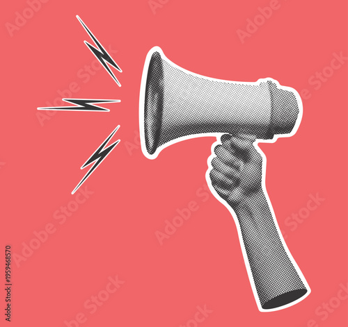 Retro halftone hand holding megaphone. Halftone collage element. Vector.