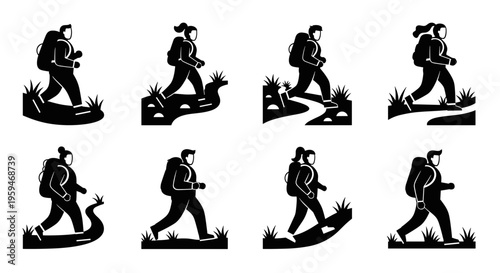 Silhouettes of hikers with backpacks walking on different terrains.