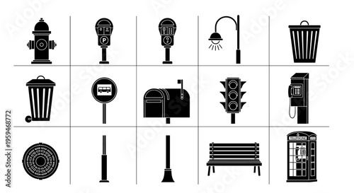 Collection of Urban Street Furniture and Fixtures Silhouettes.