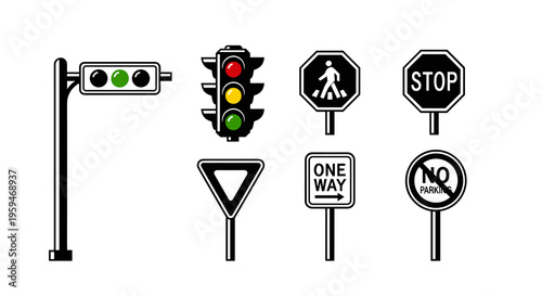 Collection of traffic and road signs illustration.
