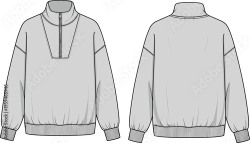 Minimalist half zip pullover sweatshirt vector illustration front and back view ribbed cuffs casual apparel technical fashion flat design