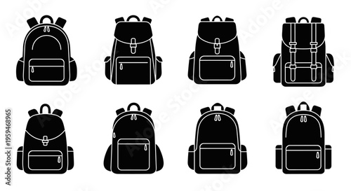 Collection of Backpack Icons in Silhouette Style.